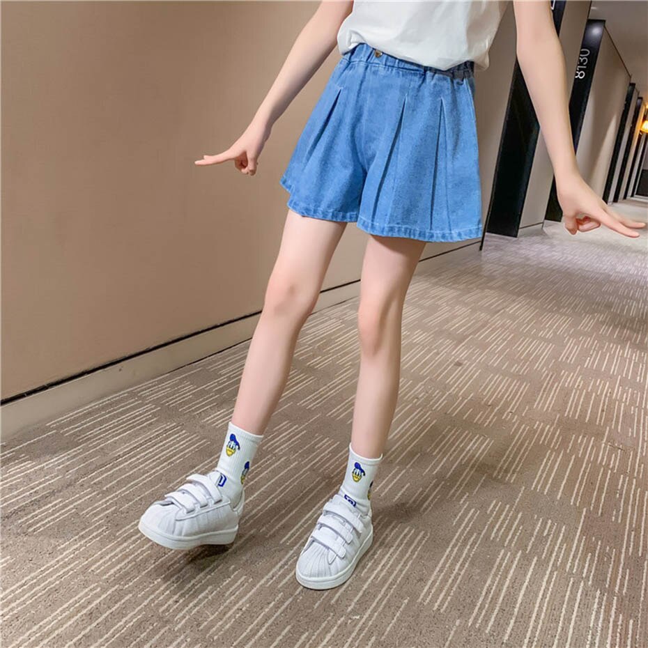 Girls Short Jeans Ruched Girl Summer Jeans Child Solid Color Kids Jeans Elastic Waist Children's Clothing 6 8 10 12 14