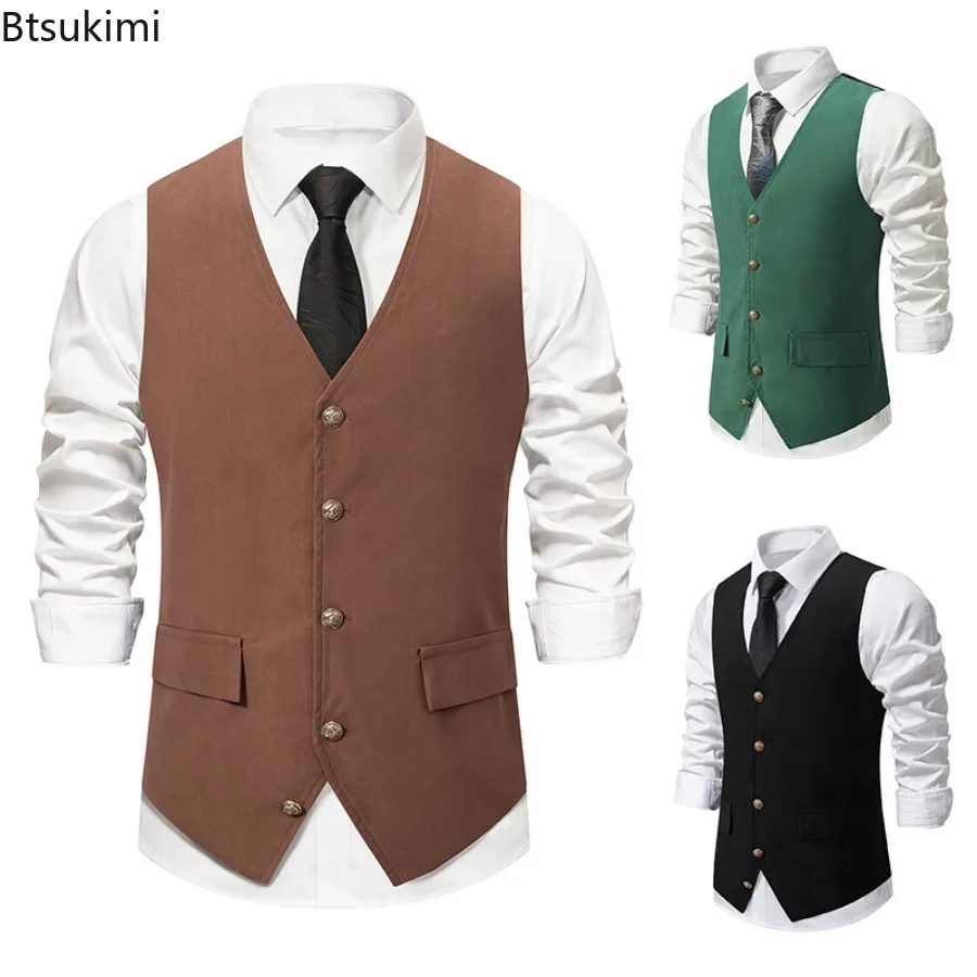 Men's Medieval Retro Suit Vest Formal Dress Vest Men Casual Solid Sleeveless V-neck Jacket Wedding Party Waistcoat