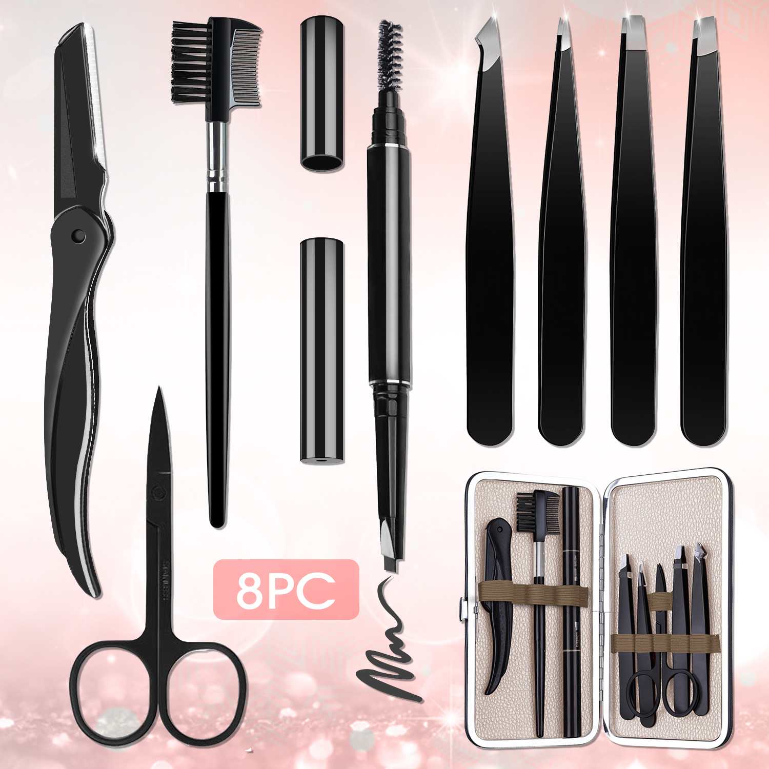 8 in 1 man Eyebrow Trimming Kit with Case Portable Tweezer and Scissor Set for Eyebrow Grooming Eyebrow Care Kit for Men Women