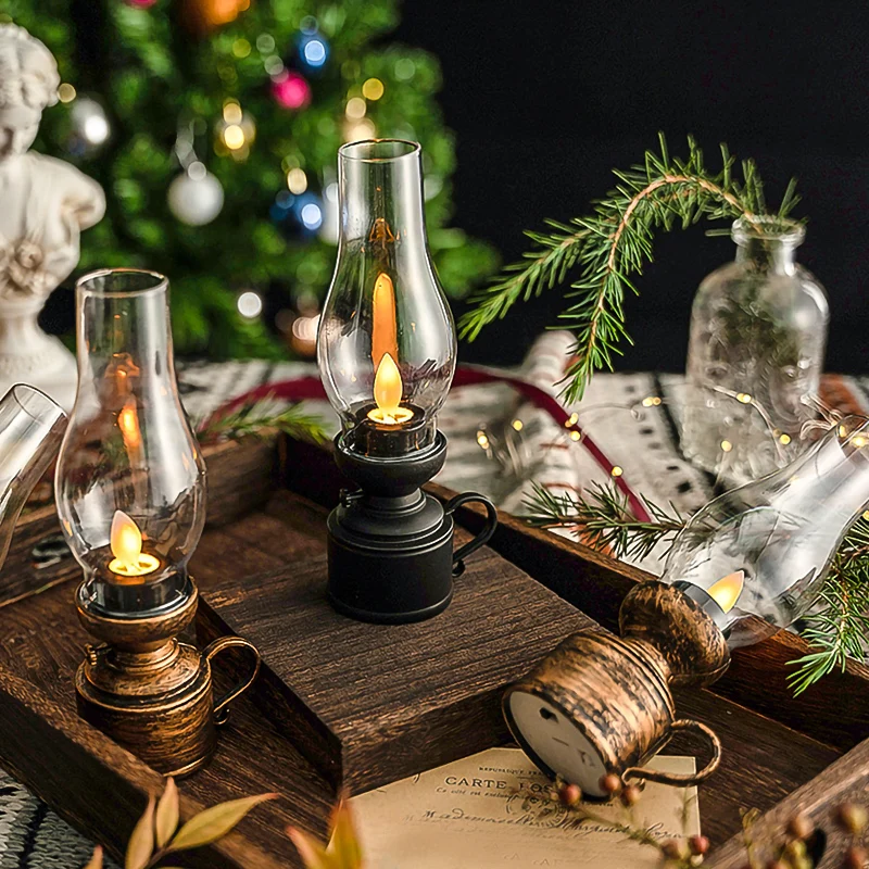 Retro olielamp elektrische vlamloze kaarslampen LED lantaarns creatief cadeau windverlichting kerosinelamp kleine lantaarn