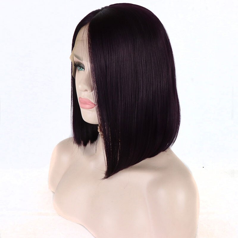Bombshell curto em linha reta bob peruca dianteira do laço do cabelo sintético roxo escuro resistente ao calor fibra cabelo médio de separação para perucas femininas