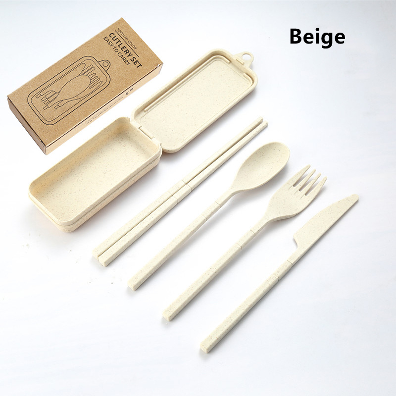 4PCS Wheat Straw Dinnerware Set Portable Tableware Knife Fork Spoon Chopsticks Set Travel Cutlery Set Eco-Friendly Utensil Box: Beige