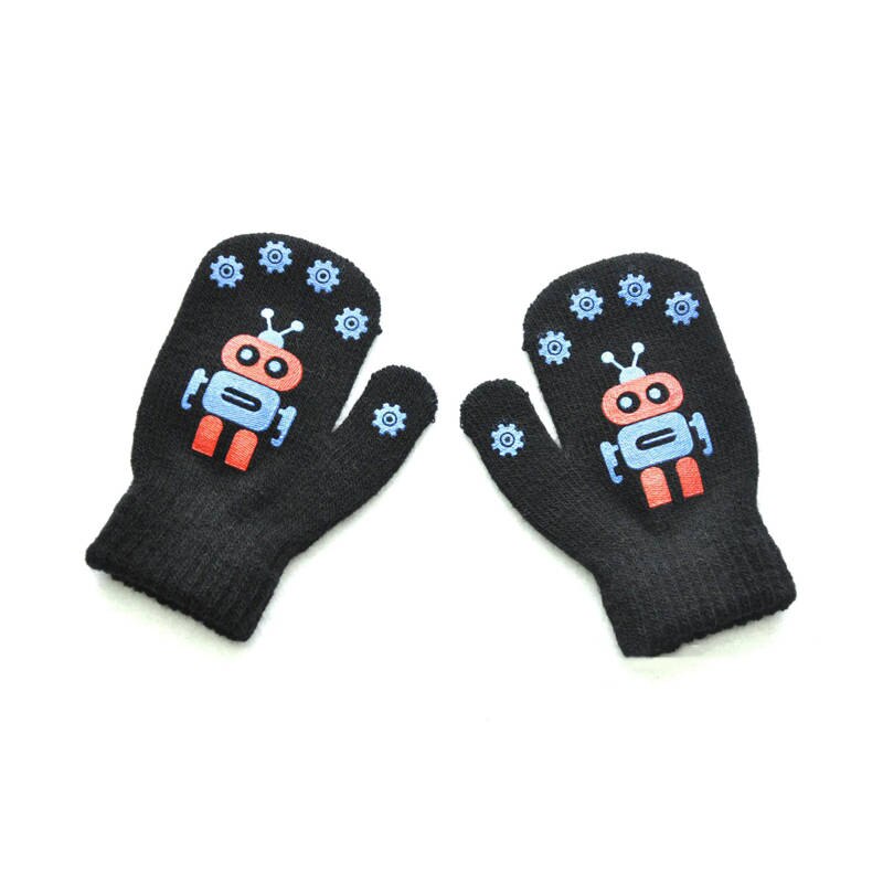Balleenshiny Kinderen Winter Warm Koud Baby Handschoenen Schattige Kleine Robot Patroon Afdrukken Antislip Gebreide Kids Handschoenen Jongen meisjes: Black