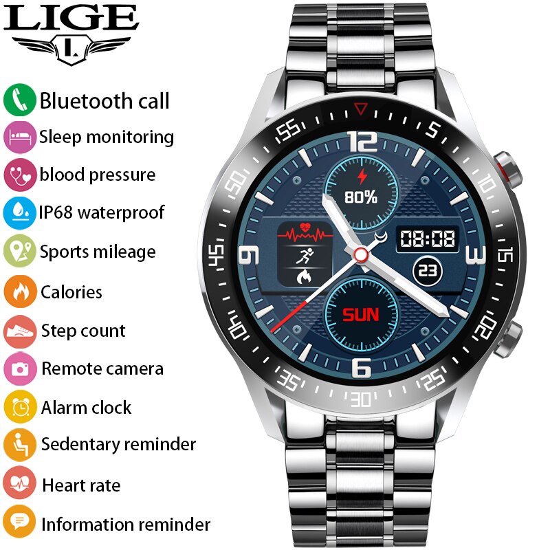 Lige tela de toque completa relógio inteligente masculino smartwatch para android ios freqüência cardíaca monitor pressão arterial à prova dwaterproof água relógios fitness