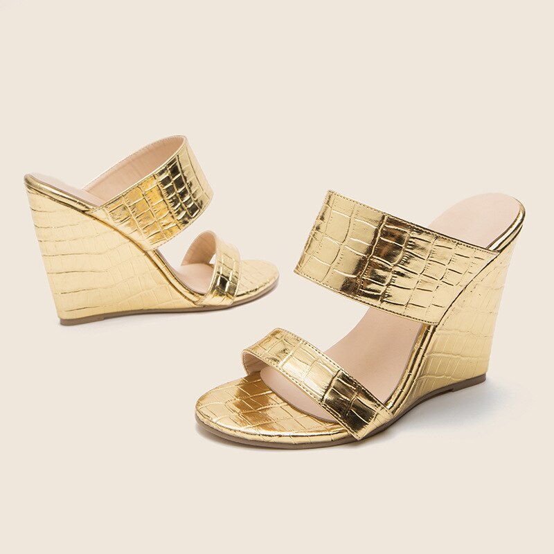 Zapatillas de charol dorado para mujer, sandalias de cuña con punta abierta, zapatos de tacón alto para , novedad de verano
