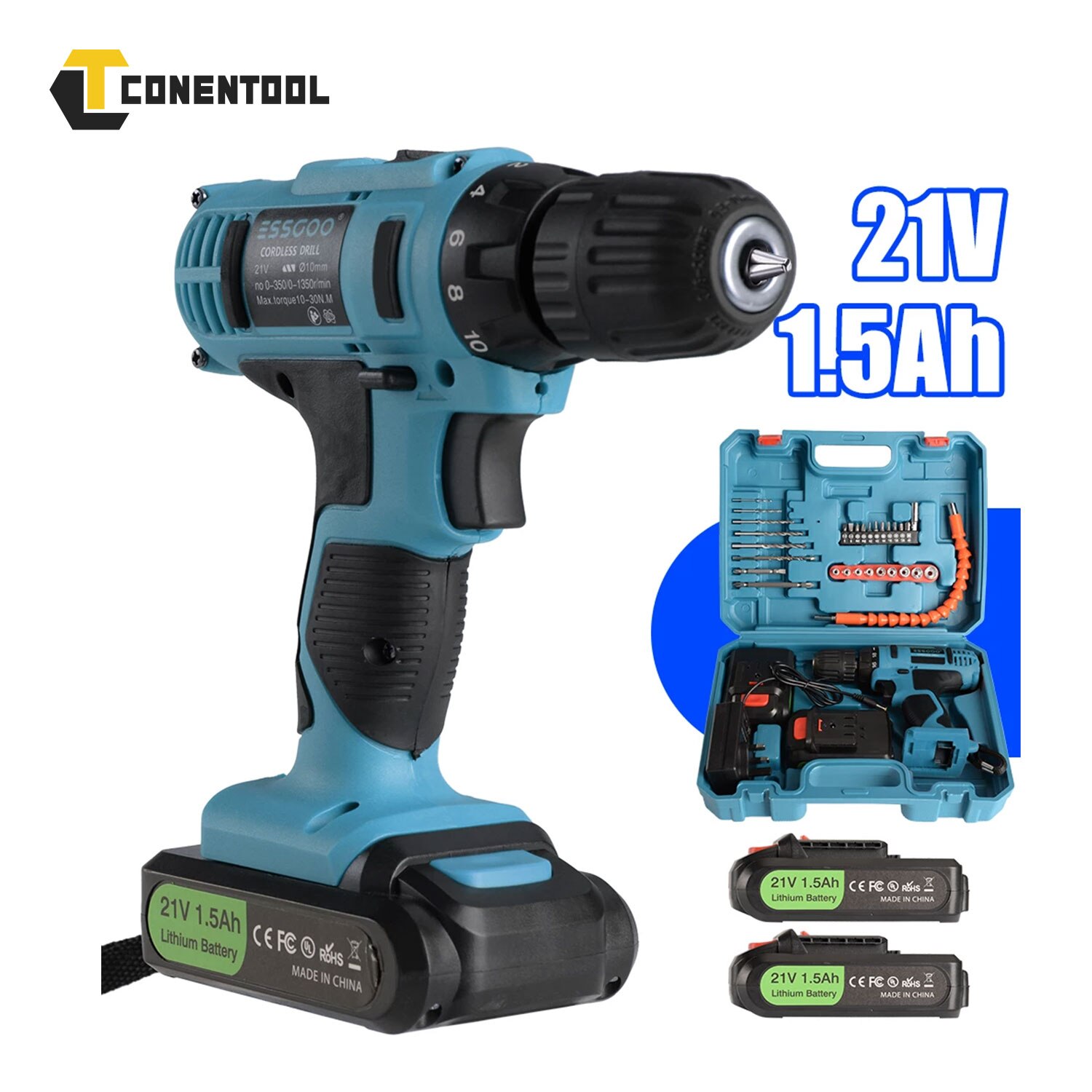 CONENTOOL – Kits de perceuse sans fil 21V, tournevis électrique 34 pièces brossé avec calibrage Horizontal, piles au Lithium, boîte à outils domestique