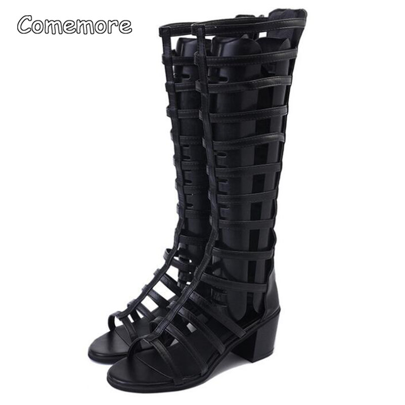 Comemore Women Summer Shoe Square Heel Knee High Boots Open Toe Back Zip Woman Black Shoes Heels Sandal Gladiator Sandals