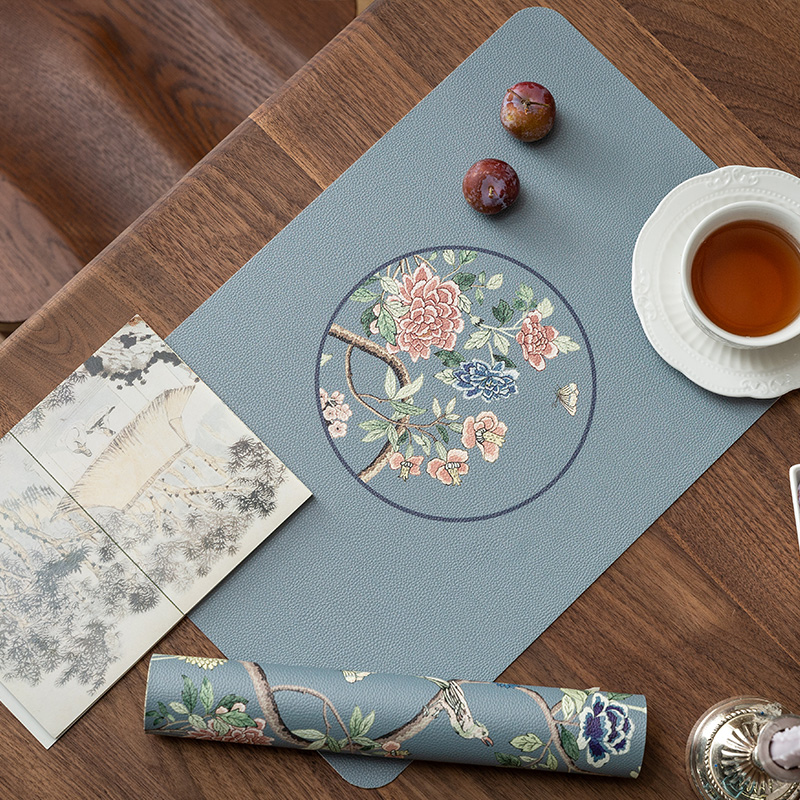Heat Resistant Table Mats Set of 2, Hydrangea Faux Placemats, Floral Bird, Chinese Style, Digital Printing for Party Family