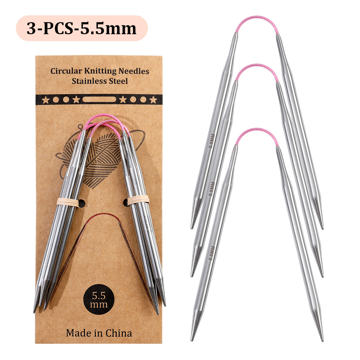 Agujas circulares cortas de 23cm, herramientas de tejer a mano huecas de acero inoxidable para manualidades de lana DIY