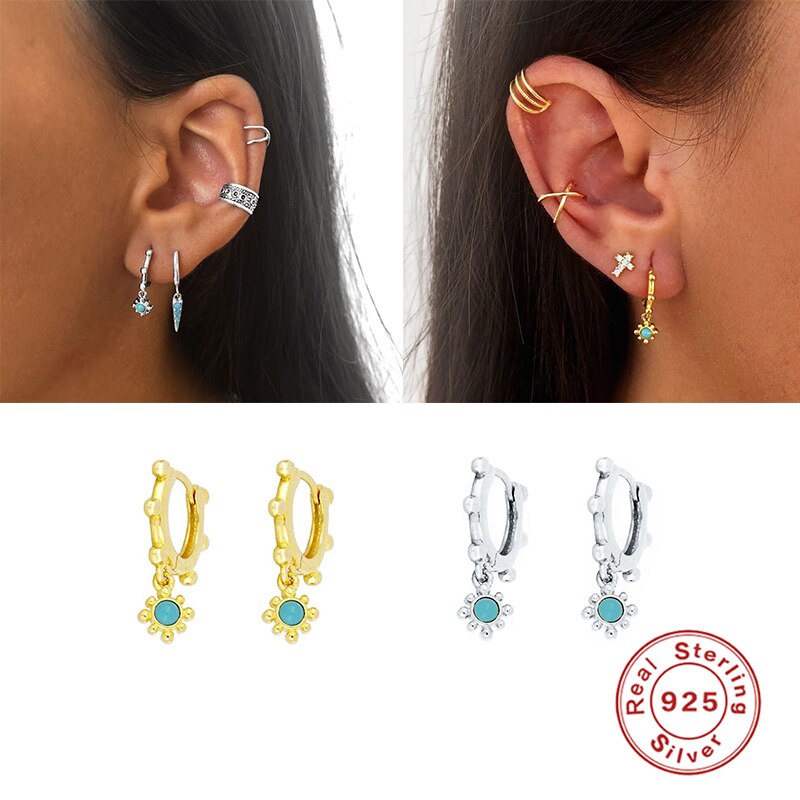 ROXI Bohemia Sunflower Turquoise Stone Small Round Beads Hoop Earrings for Women Wedding Jewelry Earrings 925 Sterling Silver
