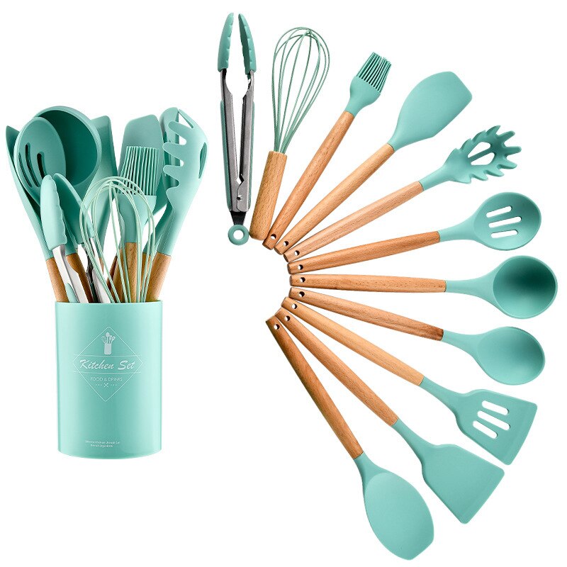 Juego de Utensilios de Silicona para la Cocina, Instrumentos para Cocinar, Espátula y Pala Antiadherente, Accesorio con Mango de Madera, con Recipiente de Almacenamiento: Green