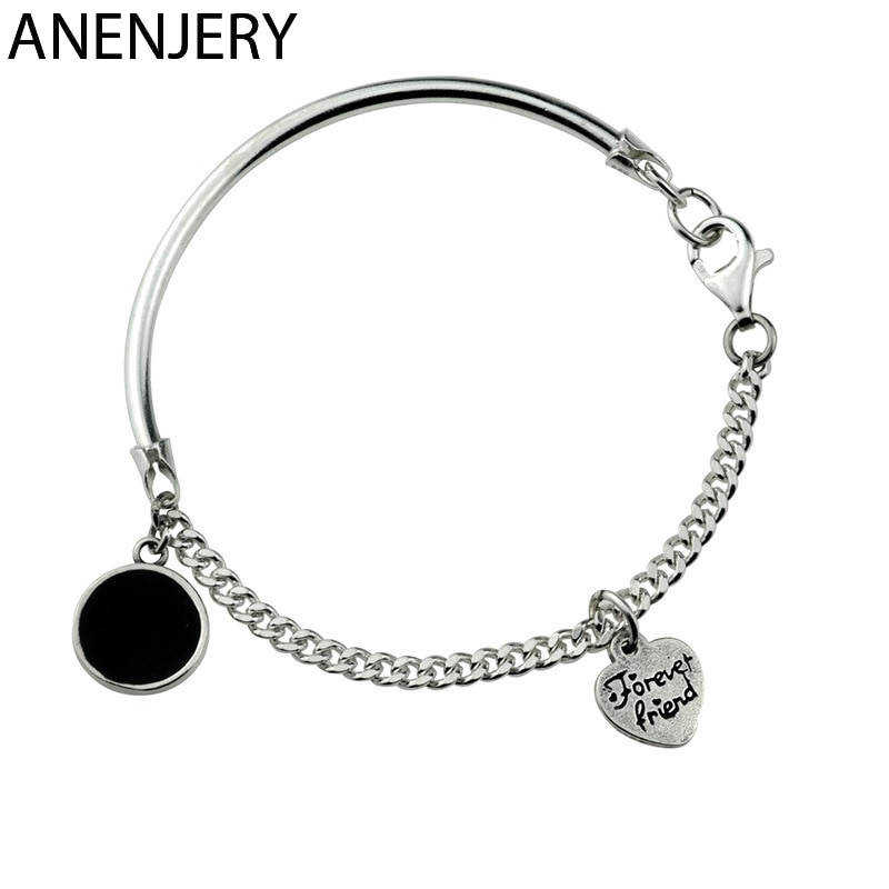 Anenjery vintage artesanal preto dot amor coração pulseira pulseiras para as mulheres grosso corrente cotovelo thai prata cor pulseira S-B419