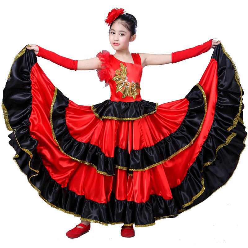 Children Spanish Bullfight Dress Flamenco Costume Princess Girls Opening Dance Full-skirt Plus Size Swing Dancing Dress H549