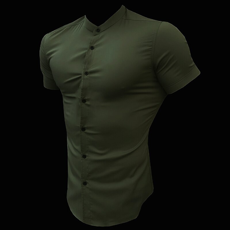 Heren Korte Mouw Zomer Plain Slim Fit Overhemden Fitness Mannen Gym Kleding Mode Casual Sociale Stand Zakelijke Shirts: Army Green / Xl