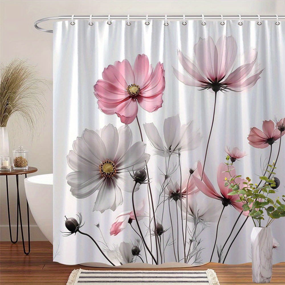 Charming Floral Shower Curtain for a Romantic and Inviting Bathroom, Featuring Delicate Pink and White Cosmos Flowers: 150*200CM
