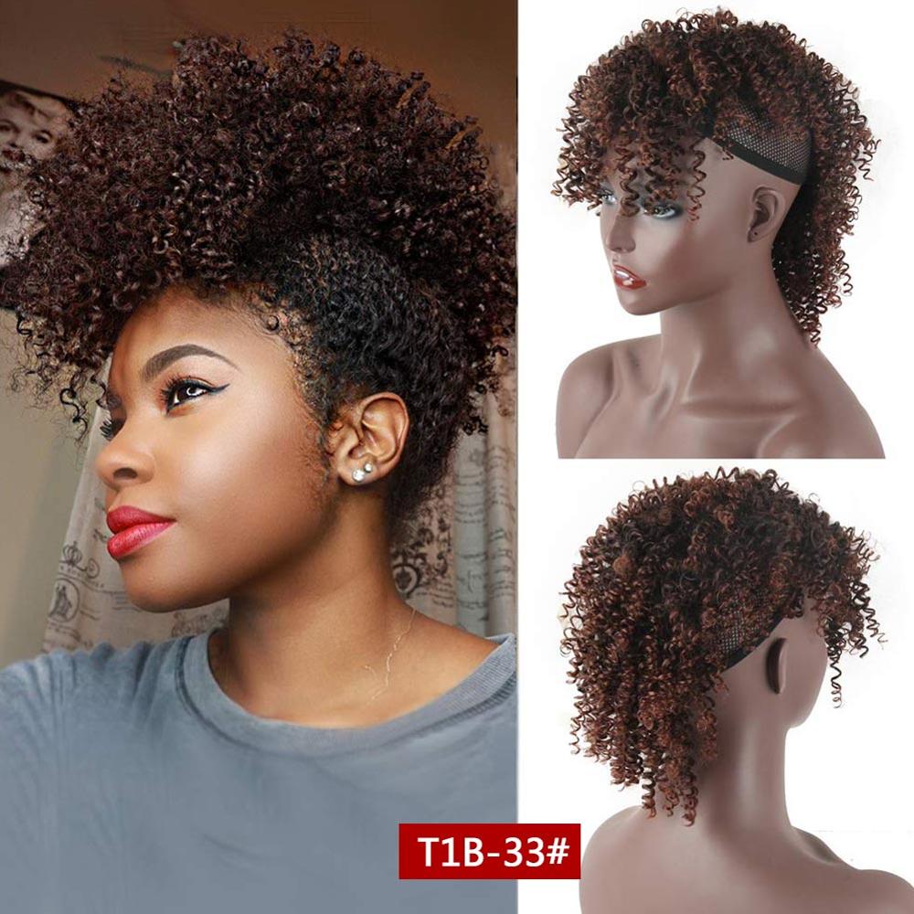 Afro Puff Ponytail With Bangs Afro Kinky Curly Synthetic Curly Mohawk Ponytail Clips in Hair Extension For Black women Hairpiece: T1B-33