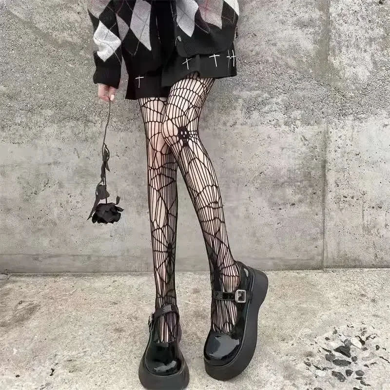 Gothic Dark Girls Skull Hollowed Out Tights Punk Women Sexy Fishnet Black Stockings Goth Lolita Nylon Spider Web Mesh Pantyhose
