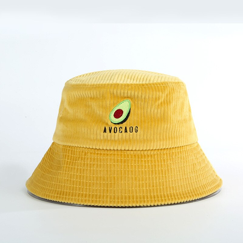 Japansk avokado broderi fiskerhatt kvinners høst vinter bøttehatter bob vill kordfløyel stor kant solhatt caps: Gul