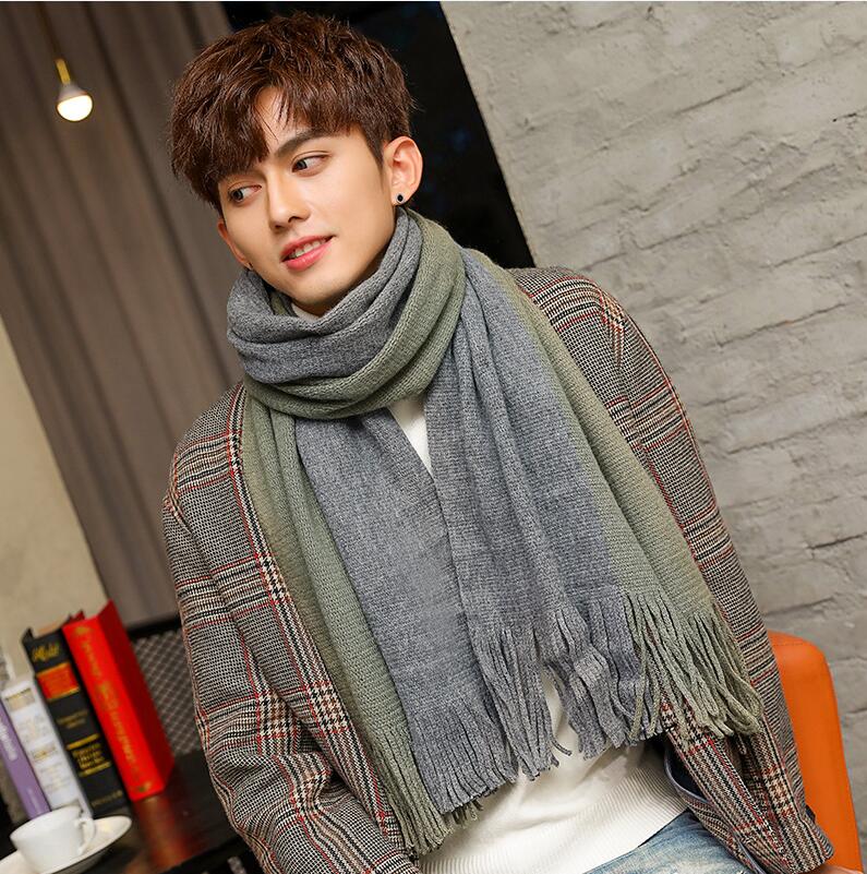 Pañuelo y grueso para hombre, bufanda de lana tejida, para estudiantes jóvenes, color azul marino, vino tinto, invierno,: green and gray