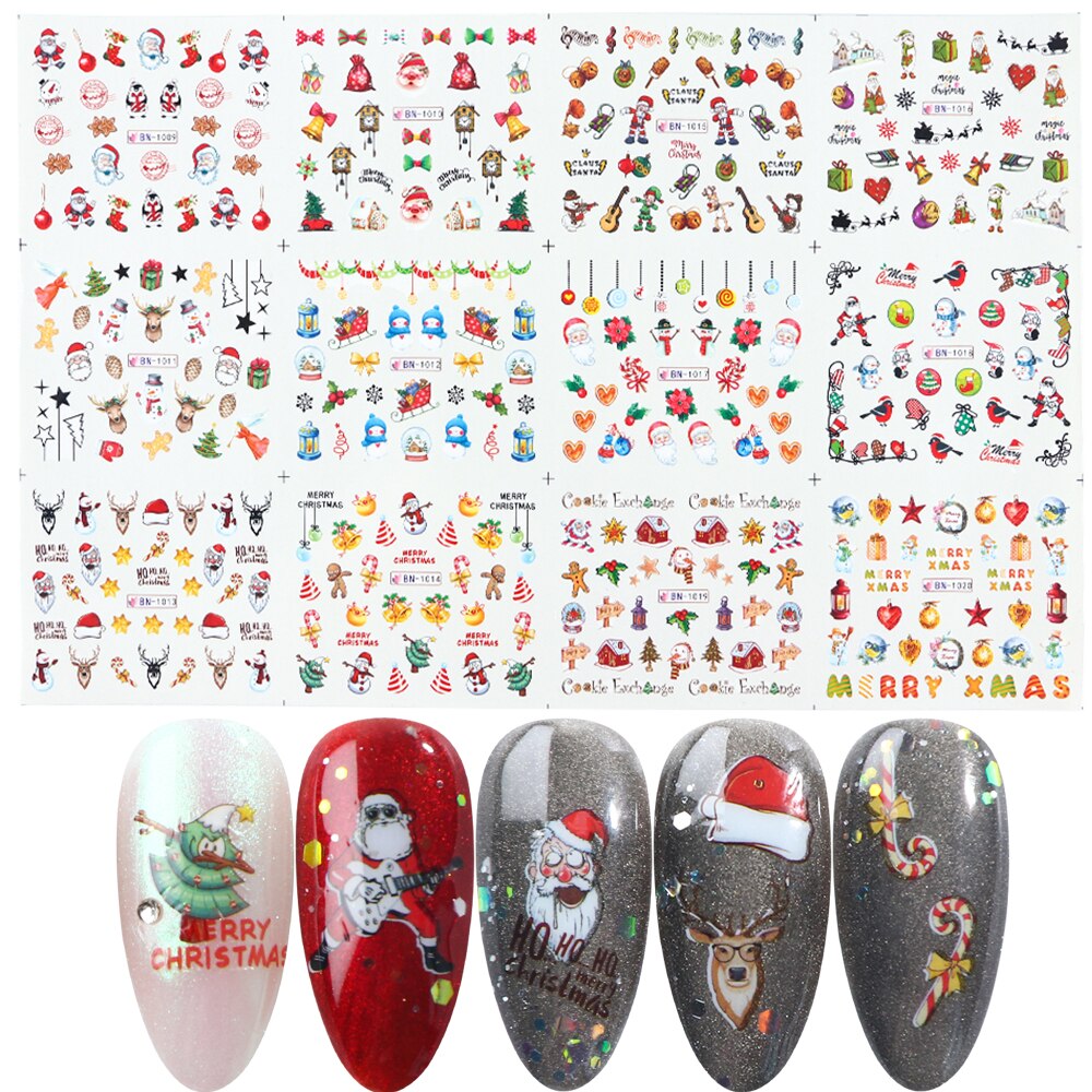Deslizador de uñas de Navidad, 1 Uds., de uñas de Año de Papá Noel, Elk, muñeco de nieve, ciervo, tamaño grande, cubierta completa, pegatina de transferencia de uñas de agua GLBN/A-1: BN1009-1020