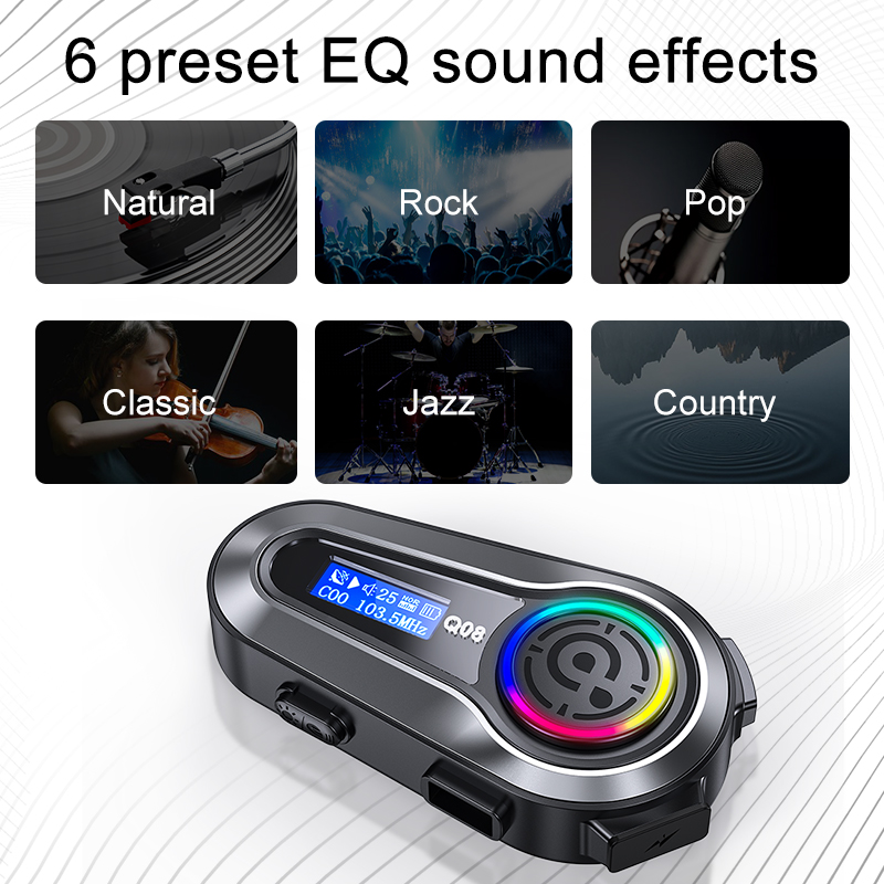Q08 Motorcycle Helmet Bluetooth Headset EQ Sound Effect HD LCD Display IPX6 Waterproof Stereo FM Radio Stable Signal Headphone