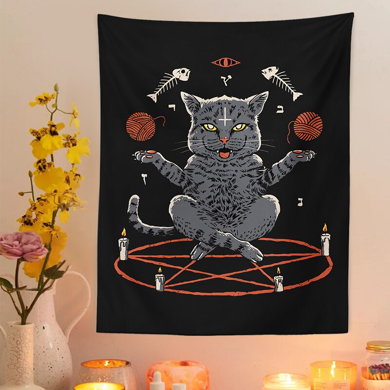 Kot czary gobelin ściany wiszące robić salonu dekoracja sypialni gobeliny ukryte ściany domu czarny fajny wystrój Kot sabat wydrukować