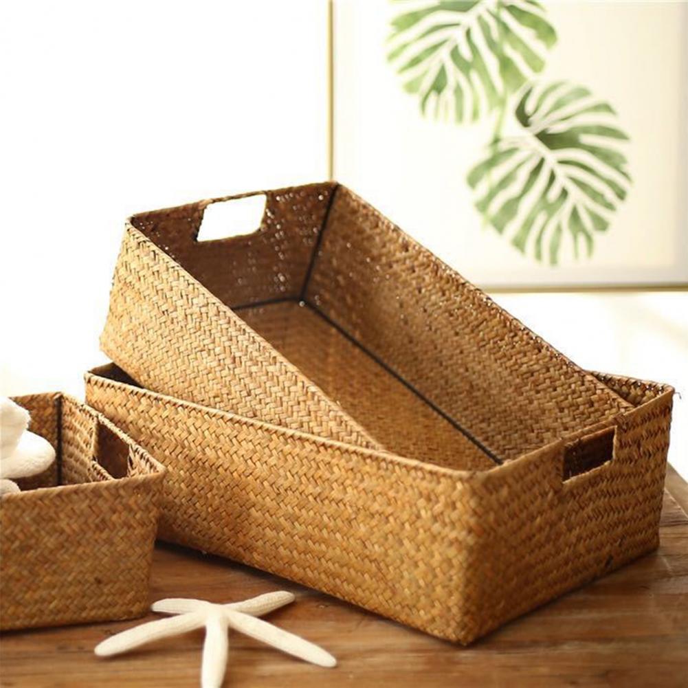 Panier de rangement rectangulaire tissé à l'herbe, boîte de rangement, conteneur, organisateur d'articles divers