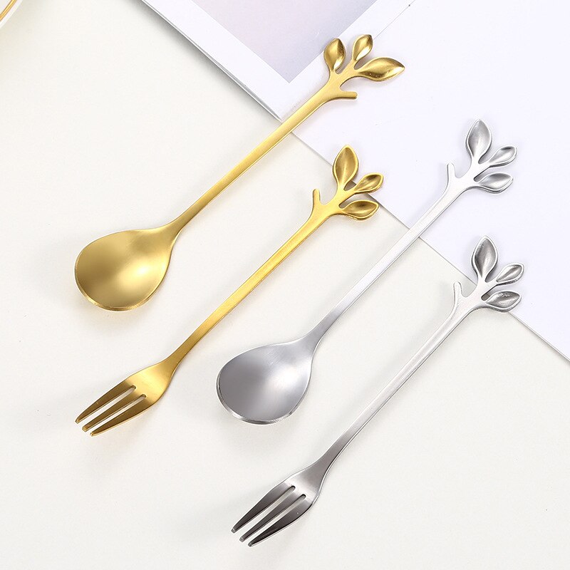 5pcs Stainless Steel Spoon Branch Leaves Spoon Fork Coffee Spoon Christmas Kitchen Accessories Tableware Decoration