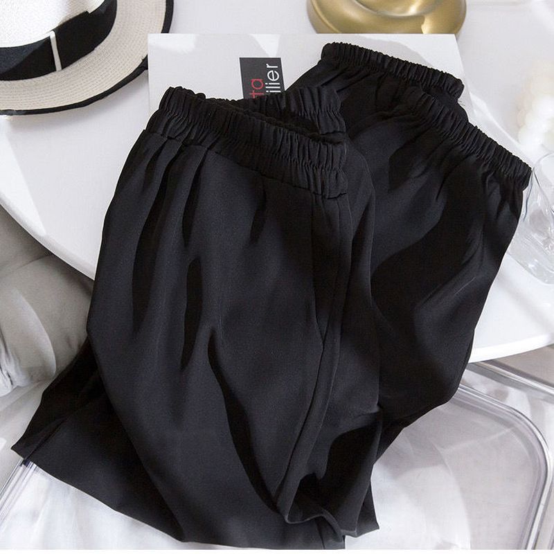 Calças esportivas femininas de seda gelo chiffon verão fino cintura alta solta macio confortável pés 2022 lanterna haren casual sweatpants