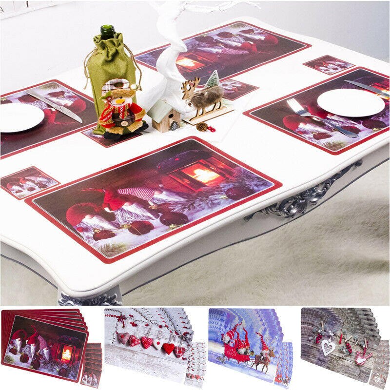 6 Packs Kerst Placemats Cup Onderzetters Pvc Waterdichte Tafel Placemats Diner Rode Servet Handdoeken Xmas Tafeldecoraties