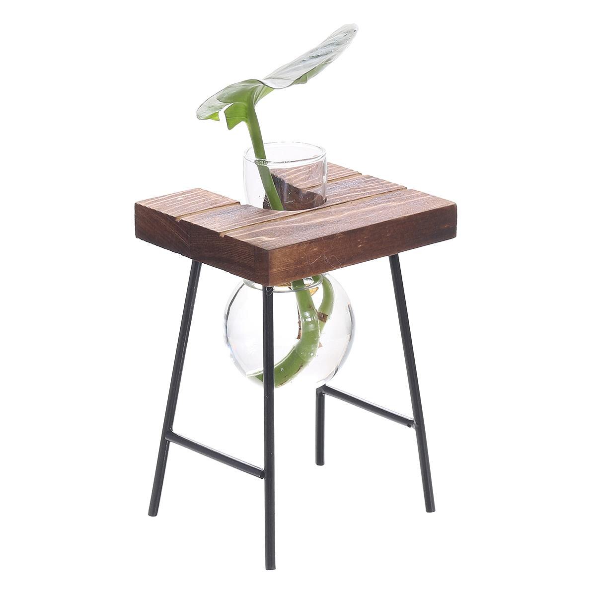Water Planting Glass Vase,Clear Glass Vase Hanging Plant Terrarium With Retro Solid Wooden Stand For Hydroponics Plants Home Garden