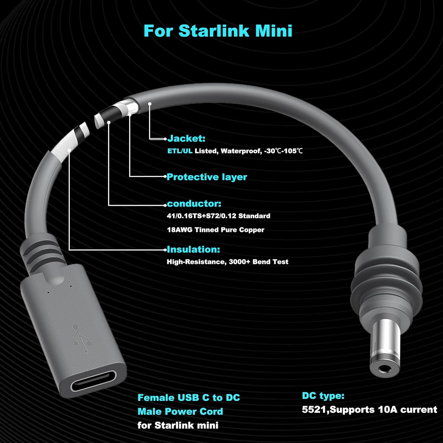 USB-C fêmea para dc macho adaptador de cabo de alimentação curto para starlink mini compatível com 20v/100w tipo-c pd power plug & play