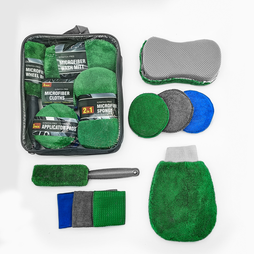 Limpieza de belleza para coche, juego de 9 piezas, toallitas para el hogar, guantes para lavado de coches, trapos de toallas, esponja para encerar, cepillo para rueda: Verde