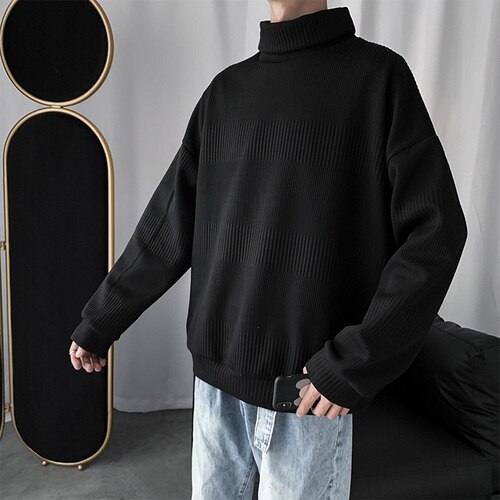 Sweaters Men Turtelneck Solid Loose All-match Autumn Knitting Korean Style Mens Students Ulzzang Retro Stylish Leisure: black / M