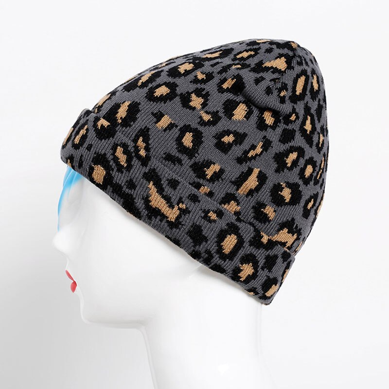 Vinter hat til voksne kvinder mænd vinter leopard hæklet strik hat varm kasket leopard uld kvinders strikket hat kvinders hat: Grå