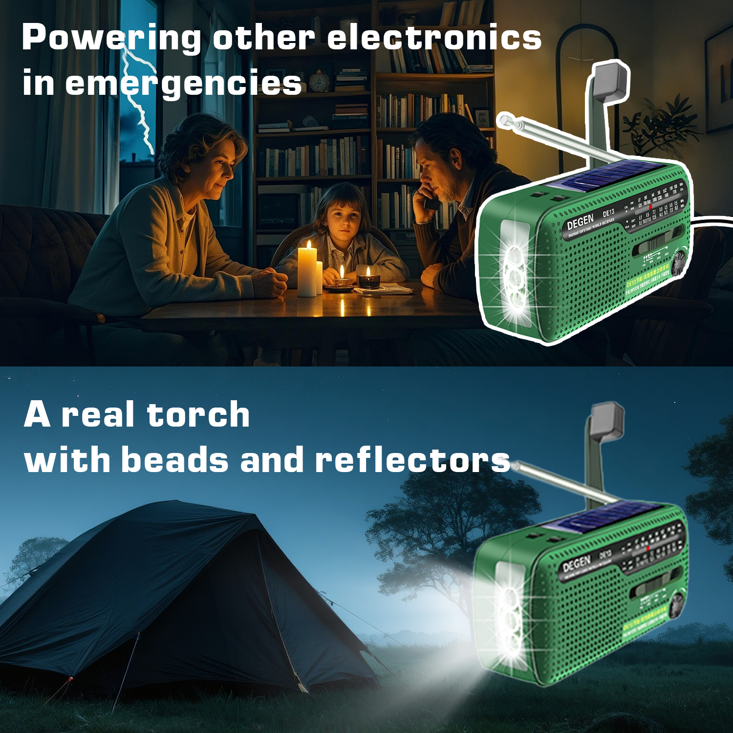 Degen DE13 Zaklamp Fm Zon Wekker Radio Kan Power Uw Telefoon Emergency Radio Draagbare Fm Mw Sw Crank Radio ontvanger