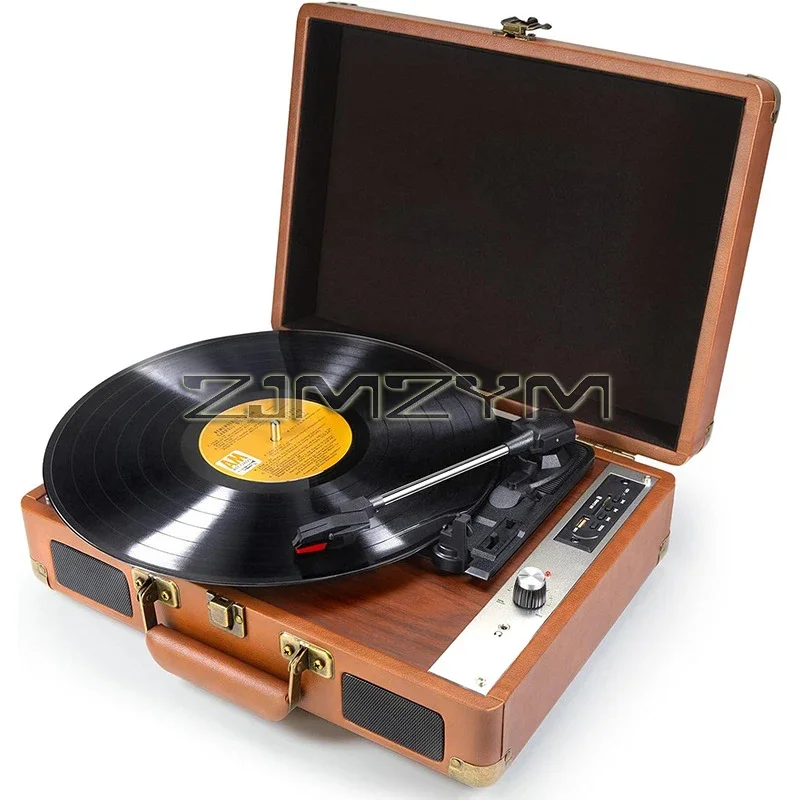 Reproductor de discos de vinilo portátil vintage, tocadiscos de tres velocidades ajustables Bluetooth 5,0 con salida de sonido de cubo, tocadiscos pроигры eusтль: Amarillo claro