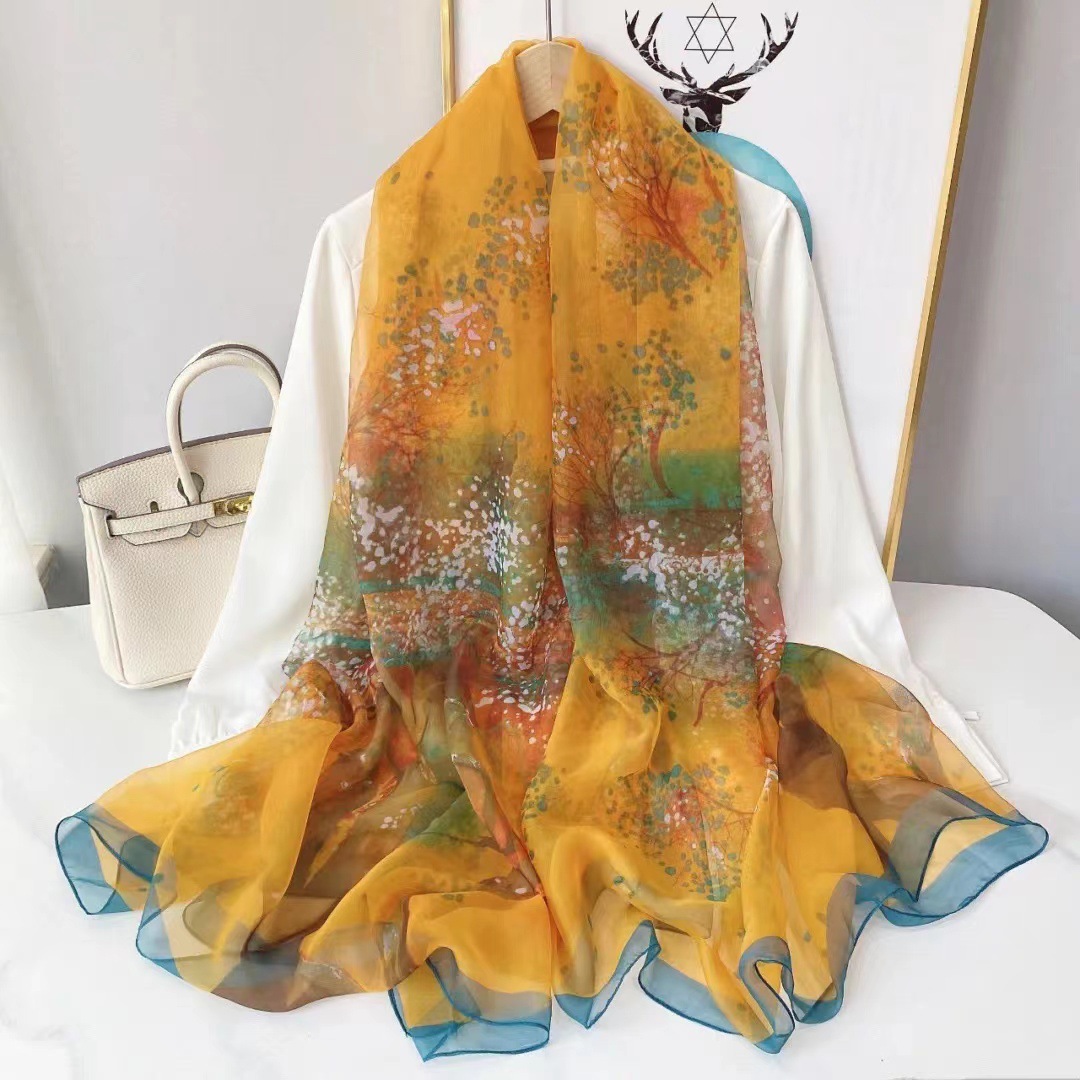Lenço de seda estampado hijab feminino primavera deisgn macio praia estolas elegantes lenços de cabeça echarpe xale cetim grande envoltório echarpe bandana