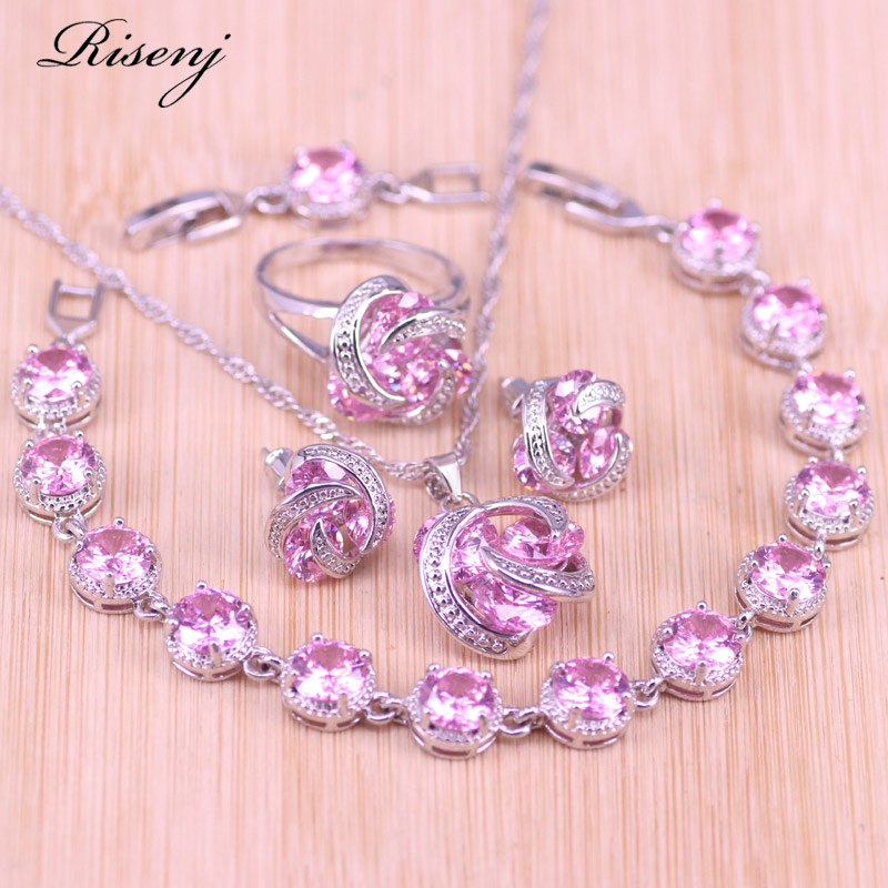 Risenj Silber 925 Schmuck Prinzessin Rosa Glück Kreis Schmuck einstellen Für Frauen Zucht Ohrringe Ring Halskette Armbinde einstellen groß