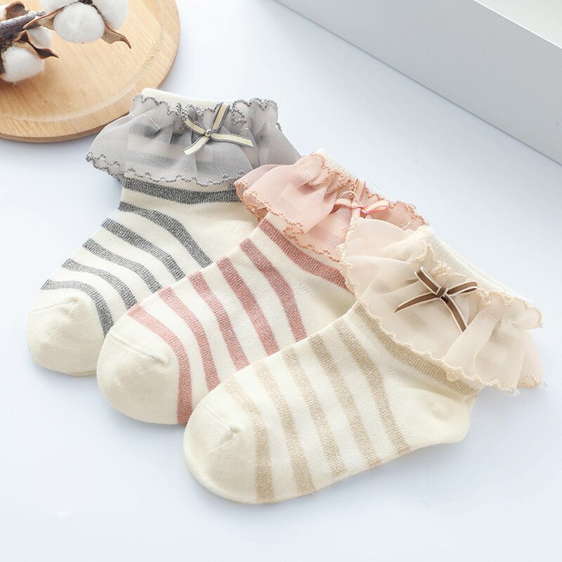 Cute Cotton Baby Girl Socks Lace Bows Newborn Kids Short Socks Striped Summer Children Toddler Infant Socks Skarpetki 0-3 Y