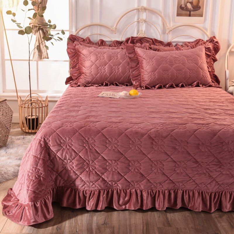 Dikke Sprei Op Het Bed Flanellen Laken Crystal Fluwelen Bedcover Gewatteerde Dekbed Fleece Deken Zacht Bed Set Effen Kleur