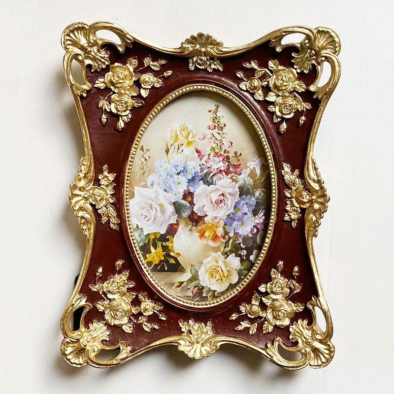 Vintage Rectangle Photo Frame Wall Hanging Golden Embossed Resin Picture Frame Holder Table Decoration Home Decor, Paper Random