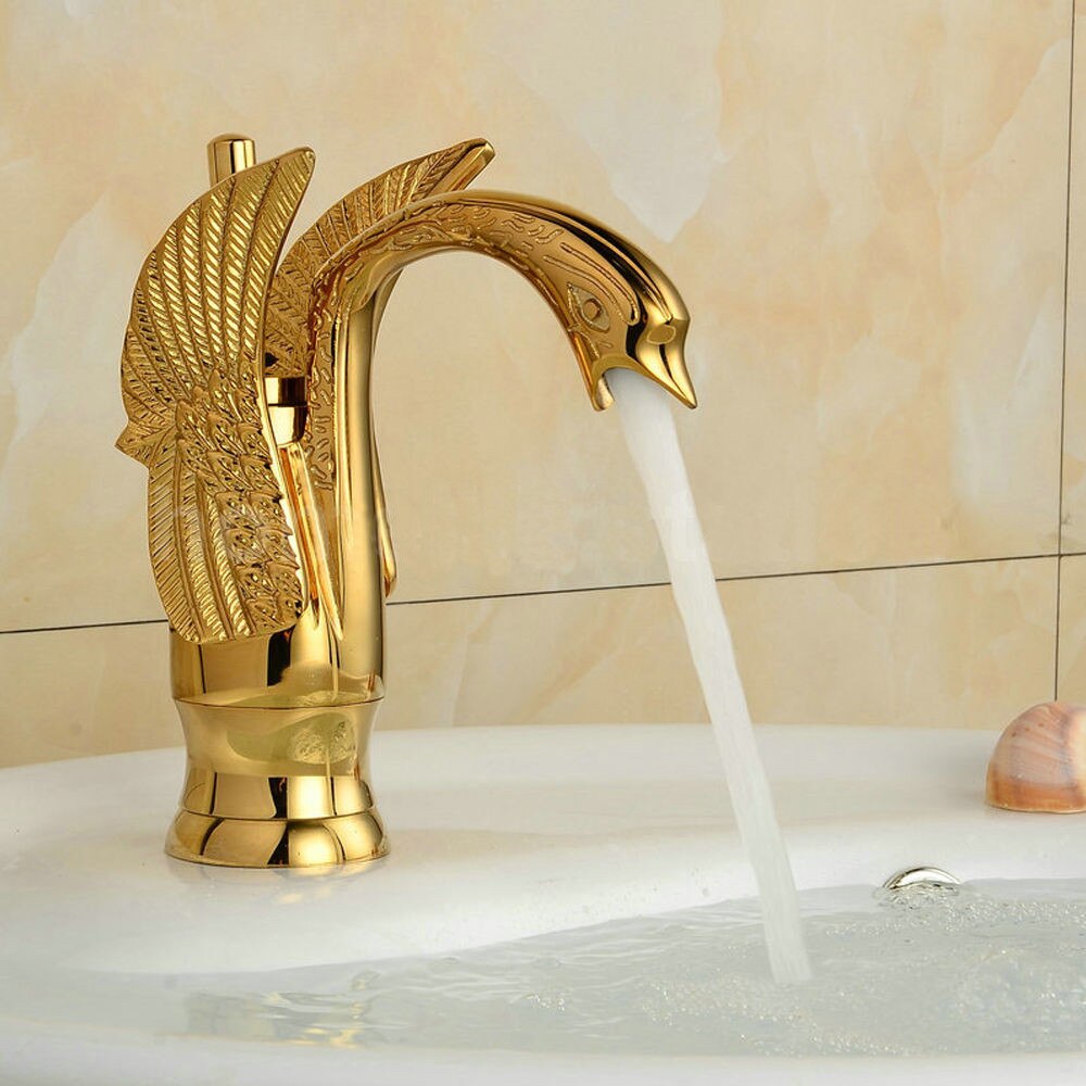 Gold Brass Swan Basin Faucet Arch Brass and Cold Taps Gold Plated Single Hole Tap Luxury Wash Mixer Taps