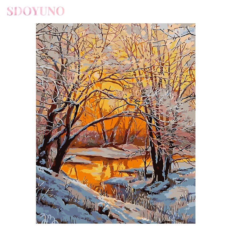 SDOYUNO acryl malen nach zahlen mit rahmen für erwachsene dämmerung schnee szene landschaft acrylfarben für malerei kunst HandPaint: 60x75cm Nein Rahmen