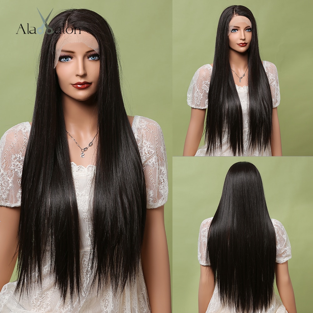 ALAN EATON Long Straight Ash Brown to Warm Brown Synthetic Lace Front Wig for Women Middle Part Heat Resistant Lace Hair Wigs