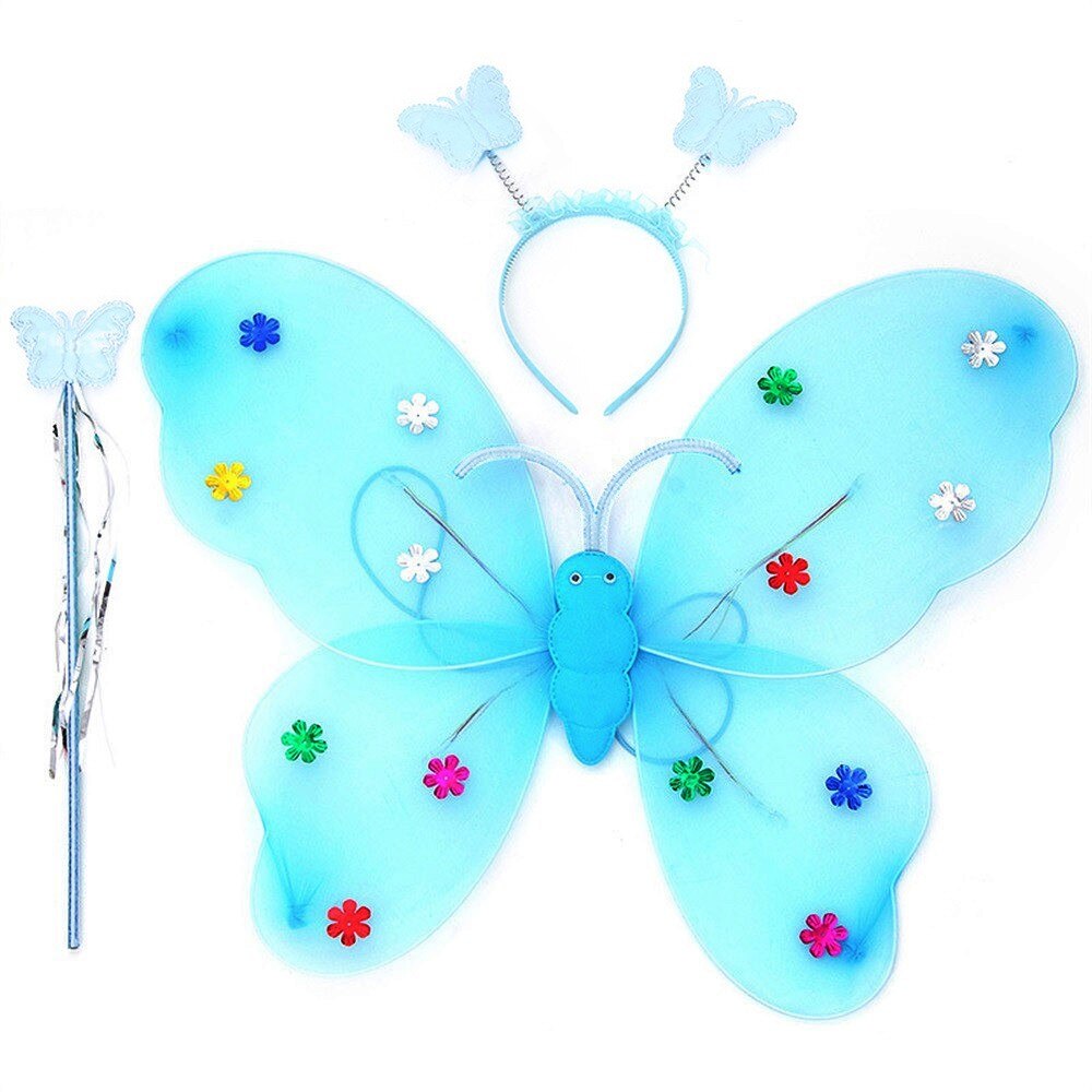 3 Stks/set Dubbele Lagen Meisjes Led Knipperlicht Fairy Butterfly Wing Toverstaf Hoofdband Kostuum Speelgoed