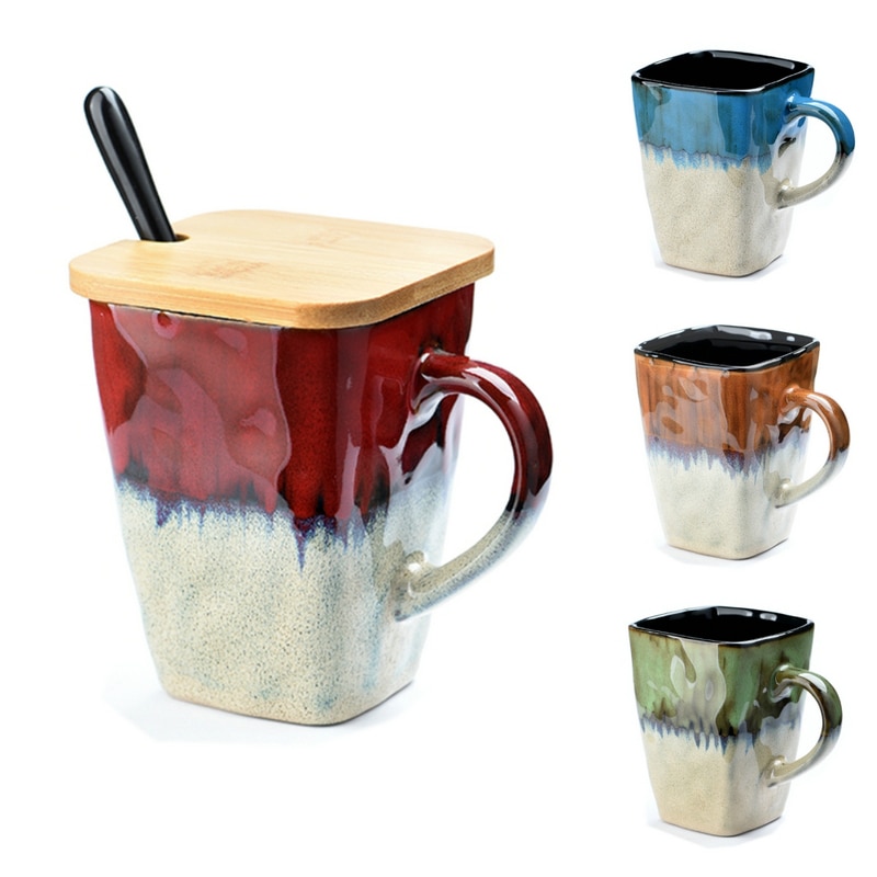 Retro Personality Square Cup Ceramic Cup Large Capacity Mug With Spoon Coffee Cup Household Couple Cup Cups And Mugs
