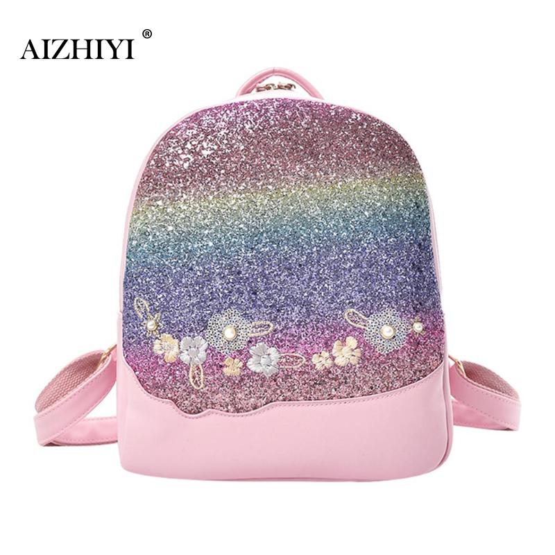 Bling Glitter Rucksack Shining Sequins Backpack Women Floral Pu Leather Backpack Girls Mini Travel School Bag Mochilas: Pink