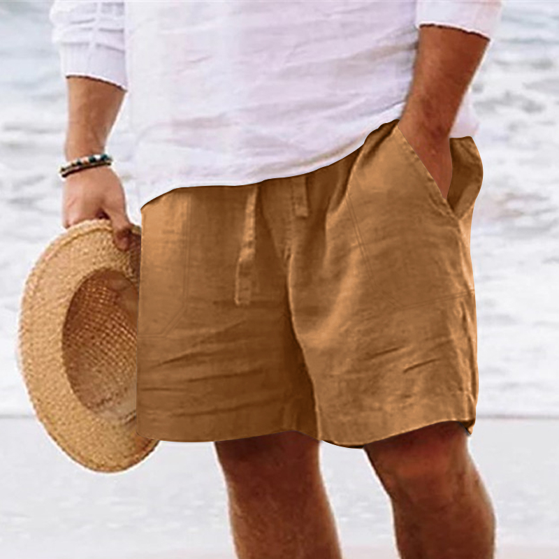 Pantalones cortos de lino y algodón para hombre, Bermudas de cinco puntos, cintura elástica con cordón, pierna recta, Color sólido, transpirables, uso diario en la playa: XL / Naranja