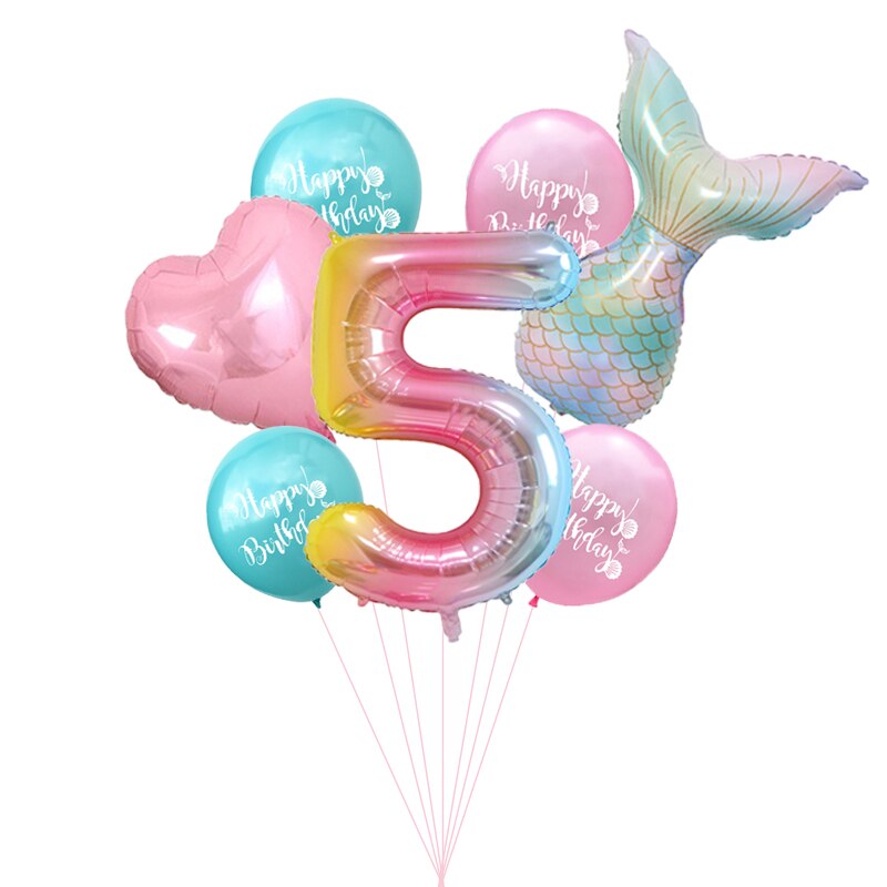 7pcs/lot Mermaid Party Balloons Number Foil Balloon Kids Birthday Party Decorations Baby Shower Decor Helium Globos supplies